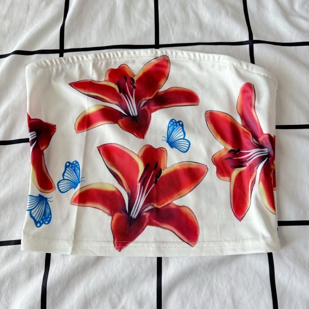 NWT Tropical White Floral Flower Tube Top Size S